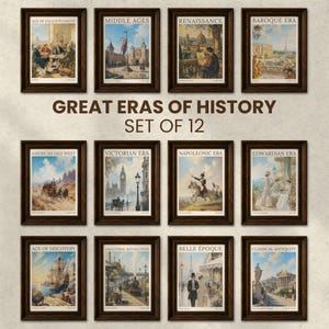 May include: A set of 12 framed wall art prints titled Great Eras of History, featuring historical scenes from the Age of Enlightenment, Middle Ages, Renaissance, Baroque Era, American Old West, Victorian Era, Napoleonic Era, and Edwardian Era.