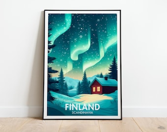 Finland Northern Lights Art Print | Scandinavia Winter Cabin (Digital Download)