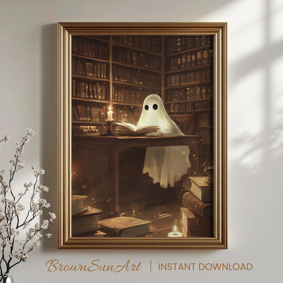 Vintage Ghost in Library - Halloween Digital Print for a Spooky ...