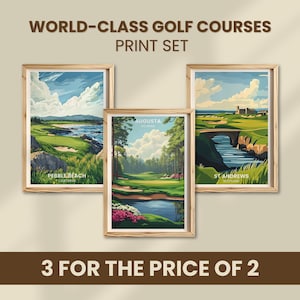 Golf Courses poster Set of 3 | St Andrews, Pebble Beach, Augusta | famous golf courses Wall Art bundle | Golf Course Print