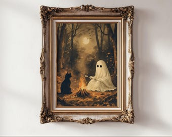 Impresión vintage de un fantasma y un gato negro en un bosque otoñal oscuro, arte digital de pared de Halloween espeluznante, póster de bruja melancólica, pintura acogedora de Halloween.