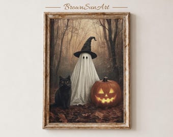 Lindo fantasma y gato negro - Lámina vintage, Arte de pared imprimible de Halloween espeluznante, Póster de bruja melancólico, Descarga digital
