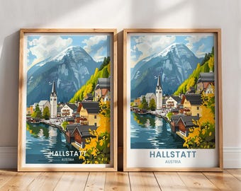 Hallstatt reseaffisch | Hallstatt väggkonst | Österrike resepresent | Hallstatt målning | Österrike konsttryck | Hallstatt utskrivbar dekor