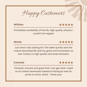 Peut inclure: Un graphique beige affichant le texte Happy Customers avec trois avis cinq &eacute;toiles de William, Nicole et Camelot. Chaque avis inclut un t&eacute;moignage sur la haute qualit&eacute; de l'&oelig;uvre et la rapidit&eacute; de livraison du fichier en t&eacute;l&eacute;chargement imm&eacute;diat.