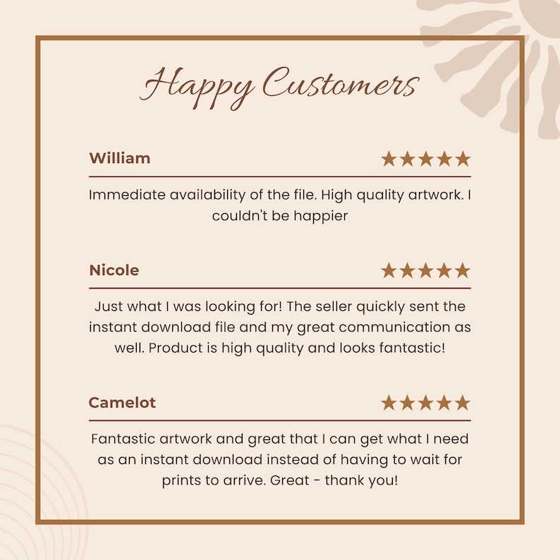 Peut inclure: Un graphique beige affichant le texte Happy Customers avec trois avis cinq &eacute;toiles de William, Nicole et Camelot. Chaque avis inclut un t&eacute;moignage sur la haute qualit&eacute; de l'&oelig;uvre et la rapidit&eacute; de livraison du fichier en t&eacute;l&eacute;chargement imm&eacute;diat.