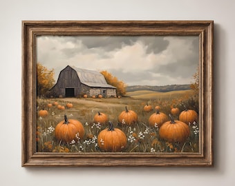 Affiche « Citrouilles dans une grange » – Décoration murale rustique automnale, paysage d'automne vintage, décoration de Thanksgiving, téléchargement numérique