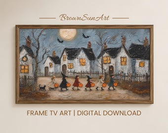 Tableau vintage d'Halloween pour téléviseur Samsung Frame, motif texturé « Farce ou friandise », peinture à l'huile automnale nostalgique, téléchargement numérique
