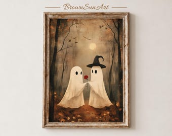 Cute Ghost Couple Printable Wall Art, Vintage Halloween Print, Witchy Moody Poster, Dark Academia Art, Spooky Digital Art