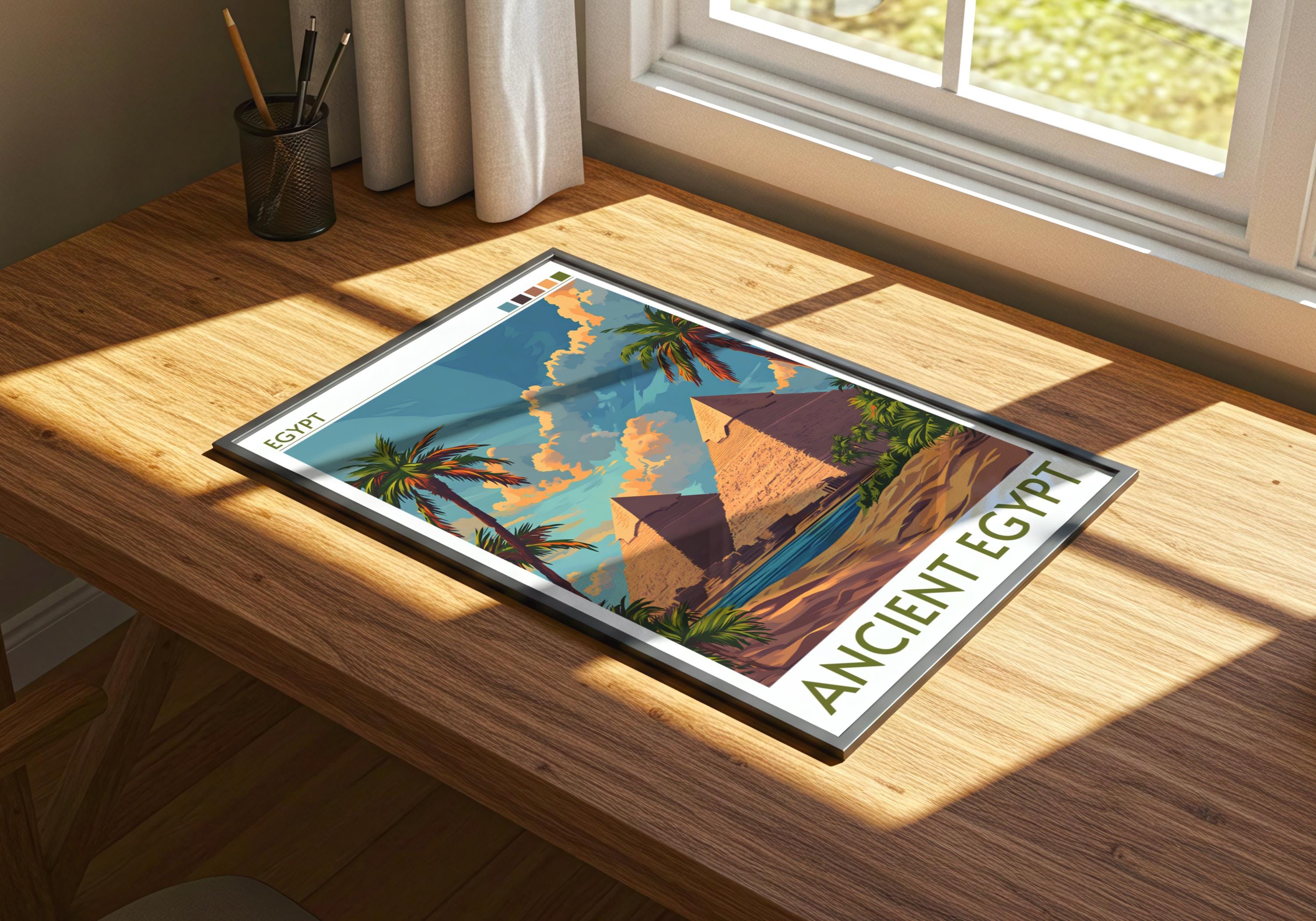 Ancient Egypt Poster | Giza Pyramids and Nile River Art | Cairo Decor ...