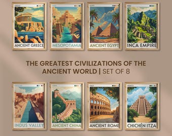 Conjunto de 8 carteles de civilizaciones antiguas / Regalo de Mesopotamia / Impresión de Egipto / Roma / Grecia / China / Valle del Indo / Imperio Inca / Maya antiguo