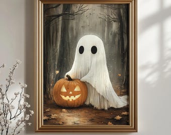 Impresión vintage de un lindo fantasma de Halloween en un bosque oscuro de otoño, arte digital de pared de Halloween espeluznante, póster de bruja melancólica, pintura de Halloween