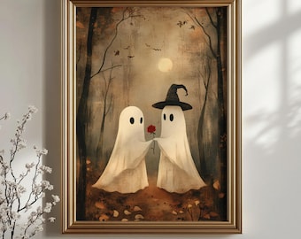 Cute Ghost Couple in Haunted Forest Vintage Print, Spooky Halloween Digital Art, Witchy Moody Poster, romantic dark academia Wall Art