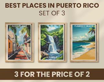 May include: Set of three framed art prints featuring Puerto Rican landscapes. The prints showcase scenes of Old San Juan, El Yunque waterfall, and Flamenco Beach. The text reads "BEST PLACES IN PUERTO RICO" and "3 FOR THE PRICE OF 2".