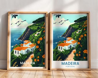 Cartel de viaje de Madeira / Impresión de Madeira / Pintura de la isla de Madeira / Portugal imprimible / Arte de la pared de Madeira / Decoración europea / Madeira costera