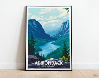 Adirondack Mountains Travel Poster | Lower Ausable Lake Print | Indian Head Trail Wall Art | New York Decor | Adirondack Painting | USA Art