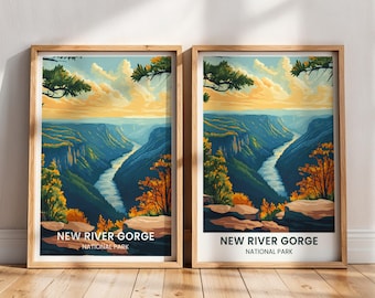 Pôster de viagem do Parque Nacional New River Gorge | Pintura da Virgínia Ocidental | Impressão artística para parede do Parque New River Gorge | Download digital