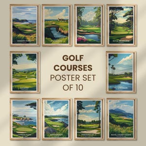 以下が含まれることがあります： 10枚の額入りゴルフコースポスターのセット。各ポスターには、Bandon Dunes、St Andrews、Augusta、Royal Melbourneなど、有名なゴルフコースのカラフルなイラストが描かれています。「GOLF COURSES POSTER SET OF 10」の文字が中央にあります。