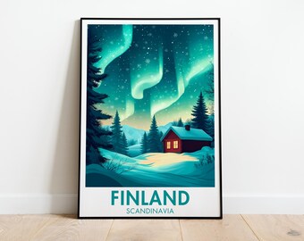 Finland Northern Lights Print | Scandinavia Winter Cabin Art (Digital Download)