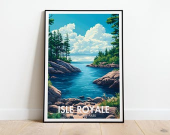 Plakat podróżniczy Isle Royale | Wystrój Michigan | Parki narodowe USA | Obraz Isle Royale | Plakat z Jeziorem Górnym | Wydruk parku na wyspie Ameryki