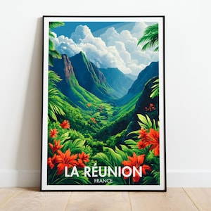Poster de viagens da Ilha da Reunião | Arte de parede do Cirque de Mafate | Impressão de Ile de la Réunion de <br> Não Perca! Decoração da natureza da ilha de França | Pintura de flores e árvores