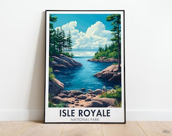 Plakat podróżniczy Isle Royale | Wystrój Michigan | Parki narodowe USA | Obraz Isle Royale | Plakat z Jeziorem Górnym | Sztuka parków na wyspie w Ameryce