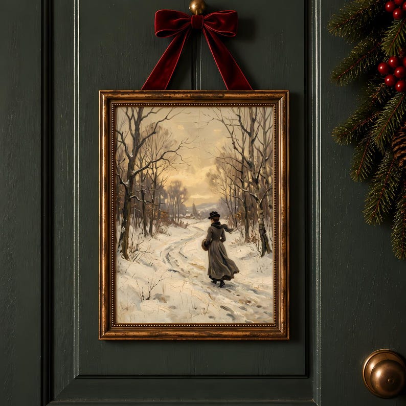 Woman Walking Snow Path Printable Wall Art, Vintage Winter Landscape ...