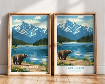 Cartaz de viagem do Parque Nacional do Lago Clark | Presente com impressão artística do Lago Clark | Pintura do Parque Nacional do Lago Clark | Decoração de parede do Parque do Lago Clark, Alasca
