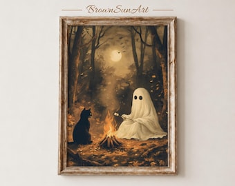 Affiche vintage représentant un adorable fantôme et un chat noir, décoration murale d'Halloween effrayante, poster mystérieux et envoûtant, illustration automnale chaleureuse à imprimer, téléchargement numérique