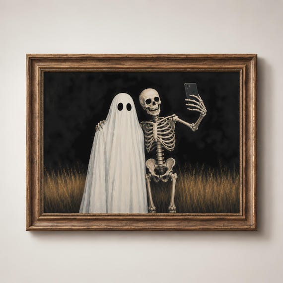 Vintage Halloween Ghost and Skeleton Wall Art, Gothic Dark Academia Decor, Moody Oil Painting, Printable Digital Download