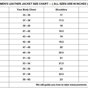 May include: A size chart for men's leather jackets, with measurements in inches. The chart includes sizes from XXS to 8XL, detailing body chest, shoulder, and sleeve measurements. The text at the bottom says, "We will guide you how to take measurements."