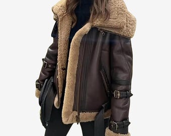 Women's Sheepskin B3 Bomber Jacket | RAF Aviator Flying Coat | Double Collar Shearling Leather Jacket | Vintage Winter Coat Gift for her