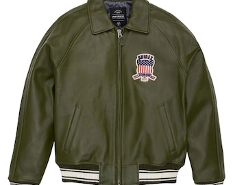 Chaqueta bomber Avirex de cuero verde oliva hecha a mano. Icónica chaqueta de aviador para hombre.