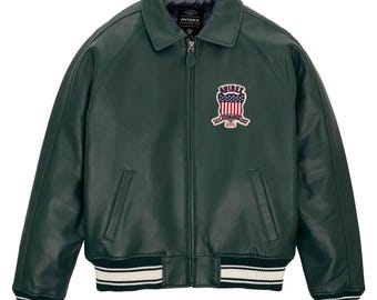 Chaqueta bomber de cuero Avirex para hombre, hecha a mano, color verde oscuro.