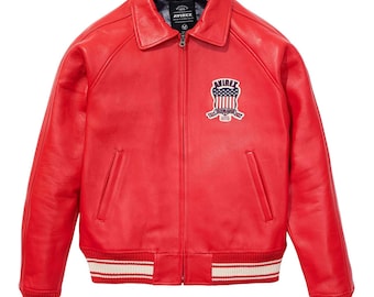 Men's Avirex Red Leather Bomber Jacket, American Flight Jacket