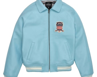 Chaqueta de cuero Avirex para hombre cosida a mano. Chaqueta icónica Avirex. Chaqueta bomber de cuero azul claro. Chaqueta de aviador de cuero genuino más vendida.