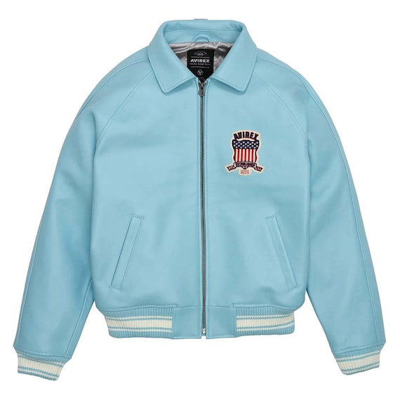 Hand-stitched Men's Avirex Leather Jacket Iconic Avirex jacket light blue Leather Bomber Jacket best seller genuine leather aviator jacket