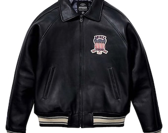 Handgjord Avirex läderbomberjacka, svart flygjacka för män