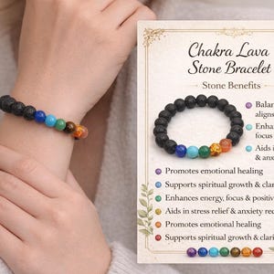 May include: A Chakra Lava Stone Bracelet with a black lava stone base and seven colorful chakra beads. The bracelet is displayed on a wrist next to a card with text about the bracelet's benefits, including balancing chakras and reducing stress.