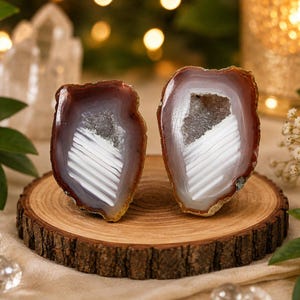 May include: Two polished agate geode halves featuring deep reddish-brown outer bands, concentric white layers, and a central crystalline cavity. The stones are displayed upright, showcasing their natural mineral formations and smooth, glossy surfaces.