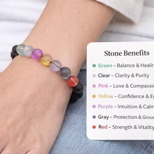 Pode incluir: Uma pulseira de contas com uma mistura de pedras redondas coloridas. A pulseira inclui contas verdes, transparentes, rosa, amarelas, roxas, cinzentas e vermelhas, juntamente com contas de lava pretas. Um cartão lista os benefícios das pedras.