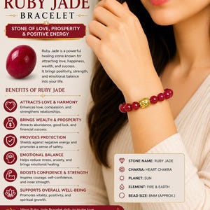 May include: A bracelet featuring round, deep red ruby jade beads and a single gold-toned Buddha head charm. The text on the image includes RUBY JADE BRACELET, STONE OF LOVE, PROSPERITY & POSITIVE ENERGY, and lists various benefits and stone details.