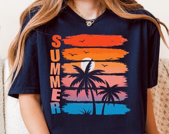 Summer Shirt, Beach Sunset Tee, Tropical Palm Tree Shirt, Retro Summer Vacation Tee, Coastal Cowgirl Beach Graphic T Shirt Women