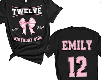Custom Birthday Girl Shirt Pink Bow, Personalized Birthday Tee, Name Number Shirt, Front Back Birthday Outfit, Coquette Birthday Gift