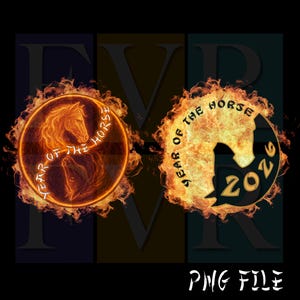 以下が含まれることがあります： 燃えるようなテーマの2つの円形デザイン。1つは馬のシルエットと「YEAR OF THE HORSE」の文字が特徴です。もう1つのデザインは、馬のシルエットと「YEAR OF THE HORSE 2026」の文字を表示しています。背景は黒です。