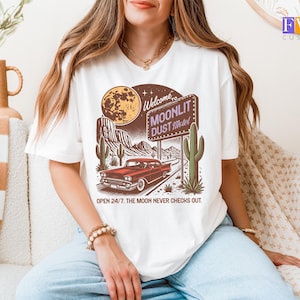 Vintage Road Trip Shirt, Full Moon Desert T-Shirt, Moonlit Motel Graphic Tee, Retro Car and Cactus Design, Americana Style Tee
