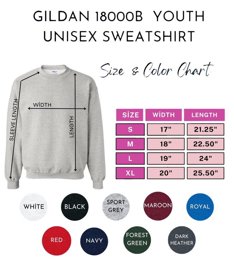 May include: A light grey Gildan 18000B youth unisex sweatshirt. The image includes a size and colour chart with measurements in inches. Available colours include white, black, sport grey, maroon, royal, red, navy, forest green, and dark heather.