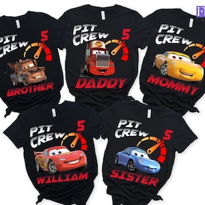 Matching race car themed birthday family shirts with pit crew design, including daddy, mommy, brother, sister and birthday kid shirts with speedometer graphic on black t-shirts. 🏁🏎️