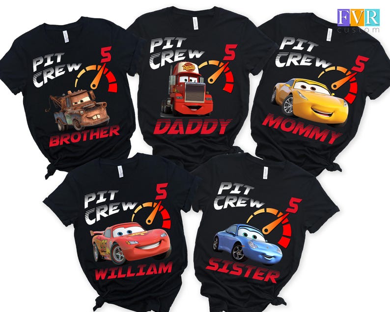 Matching race car themed birthday family shirts with pit crew design, including daddy, mommy, brother, sister and birthday kid shirts with speedometer graphic on black t-shirts. 🏁🏎️