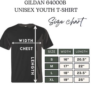 May include: Black Gildan unisex youth t-shirt with a size chart. The chart shows measurements for sizes S, M, L, and XL. Width measurements range from 16" to 19", and length measurements range from 20.5" to 25".