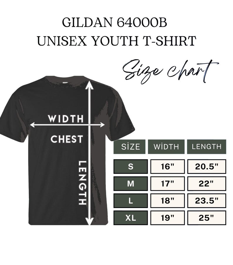 May include: Black Gildan unisex youth t-shirt with a size chart. The chart shows measurements for sizes S, M, L, and XL. Width measurements range from 16" to 19", and length measurements range from 20.5" to 25".